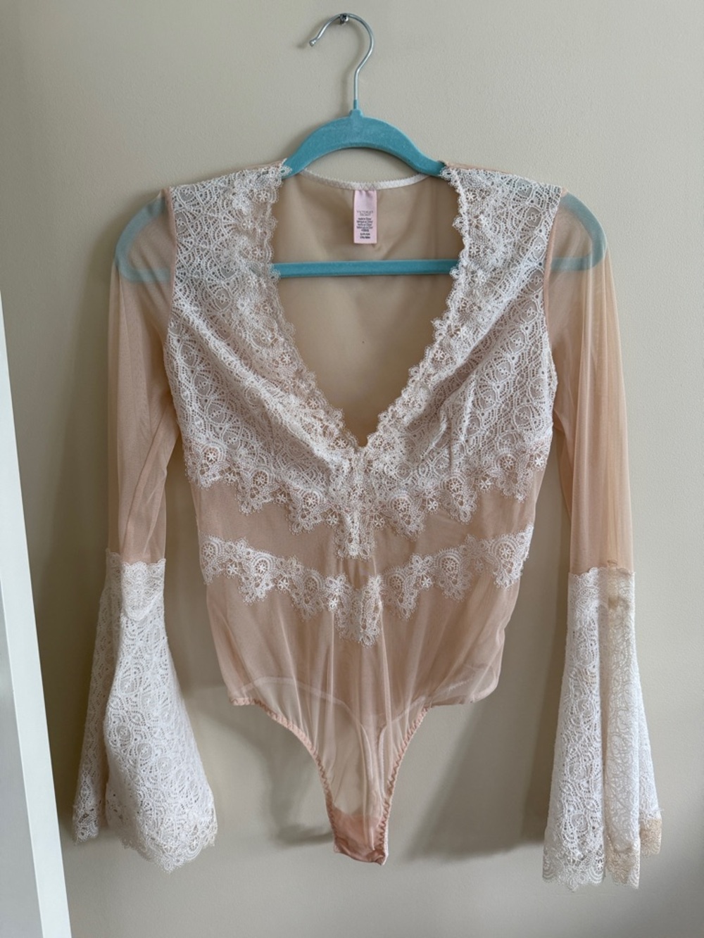 Victoria's Secret Sheer Nude Bodysuit with White Lace